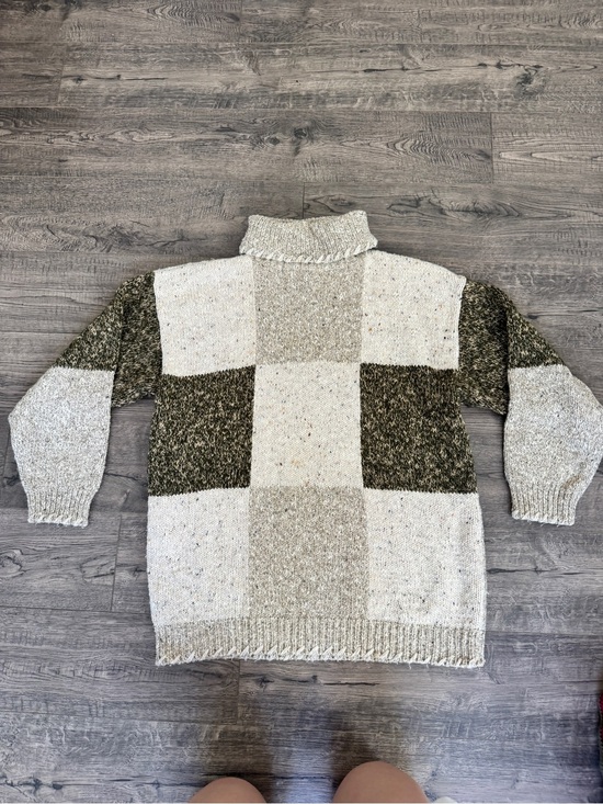 lizwear Sweaters - Patchwork Knit Cowl Neck Sweater in Cream and Olive